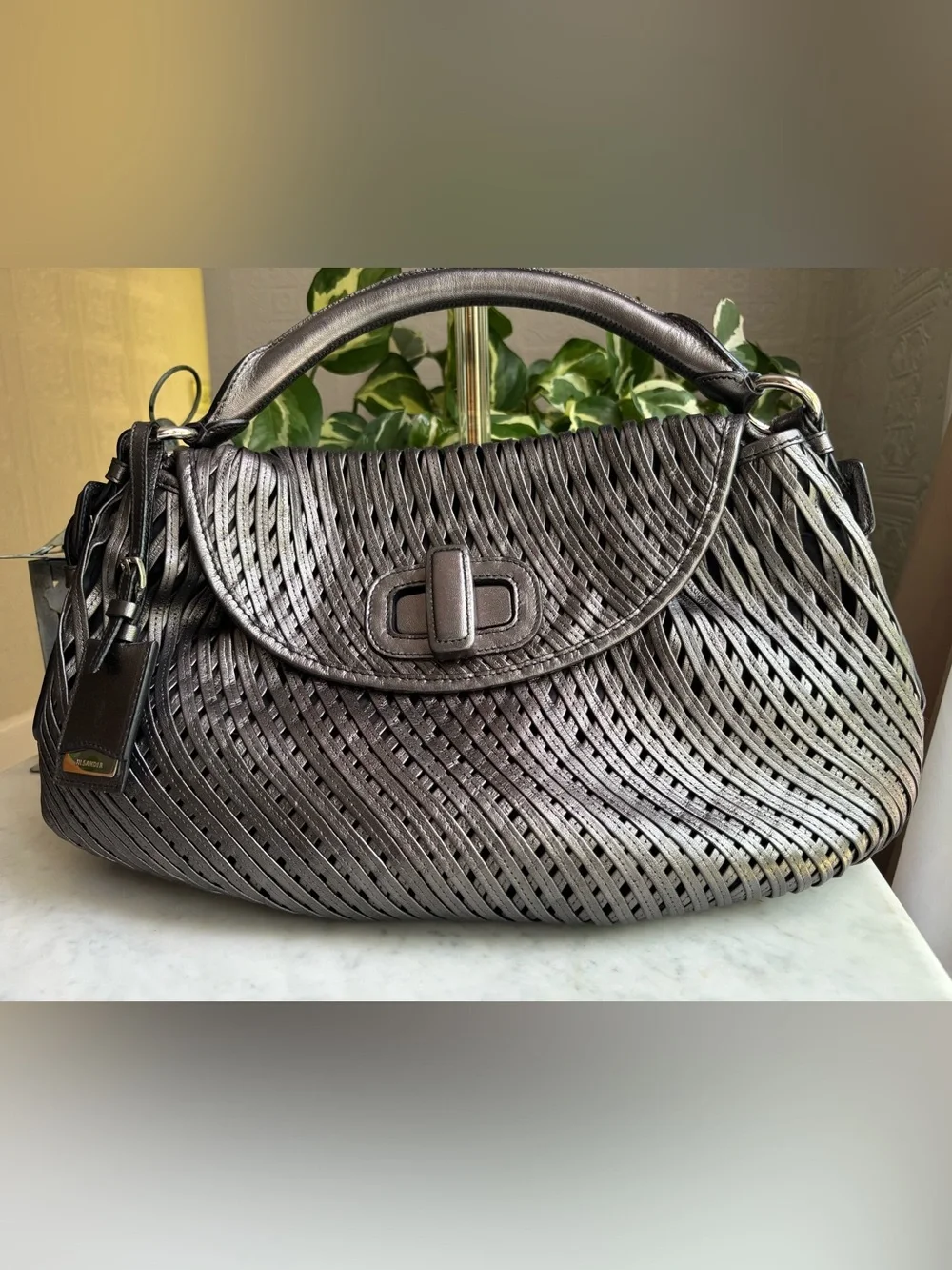 Jil Sander Metallic Silver Woven Top-Handle Satchel